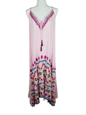 Bohemian Embroidered Swim Coverup Dress Pink Multicolor Boho Retro Swimwear, L